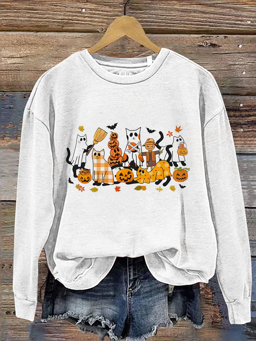 Schwarzes Sweatshirt mit Halloween-Geisterkatzen-Print