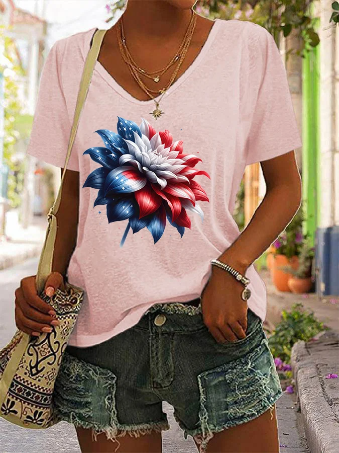 T-shirt col V à imprimé floral pour femme, fête de l'indépendance