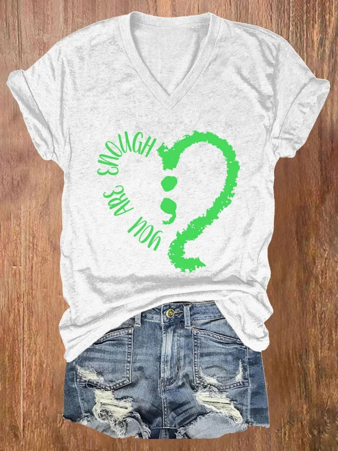 Lässiges T-Shirt mit V-Ausschnitt und „You Are Enough“-Aufdruck für Damen