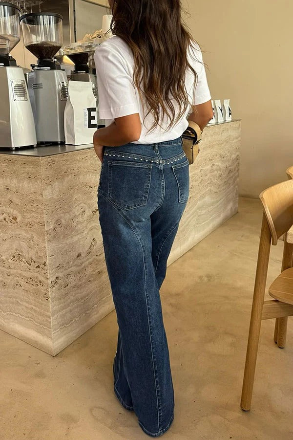 Trendy and Unique Denim Beaded High Rise Pocket Straight Leg Jeans