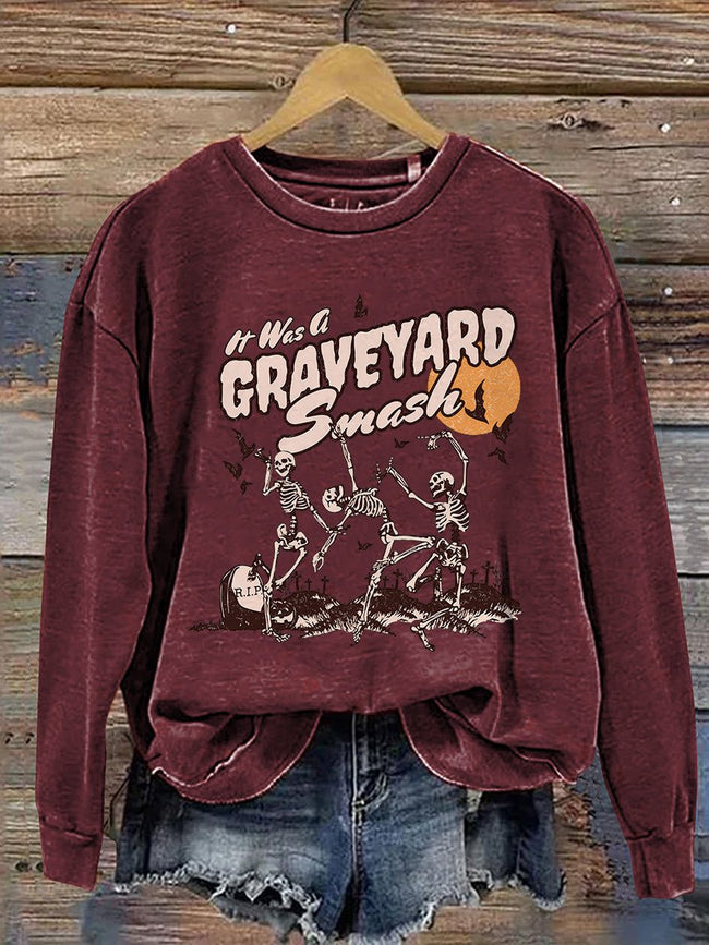 Retro Skeleton Halloween Casual Print Sweatshirt