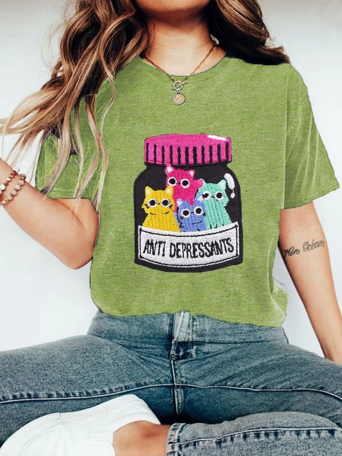T-shirt imprimé chat amusant pour femme, antidépresseurs, santé mentale