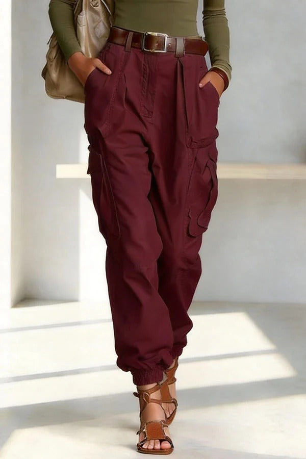 Street Style Solid Color High Waist Pocketed Loose Fit Cargo Pants