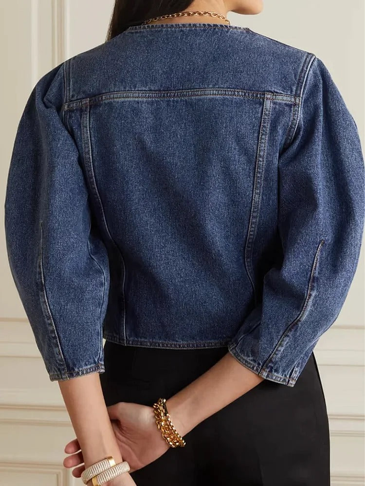 Fashion Plain Crew Neck Double Breasted 3/4 Sleeve Denim Jacket