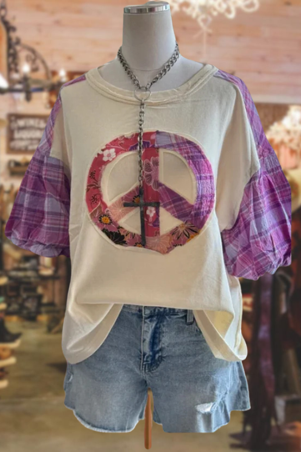 Floral Peace Sign Plaid Balloon Sleeve Top
