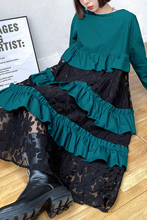 Robes d'automne bohèmes noires à volants en dentelle