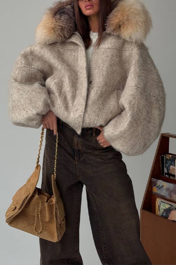 Short Hooded Wool Blend Coat With Large Fur Collar
