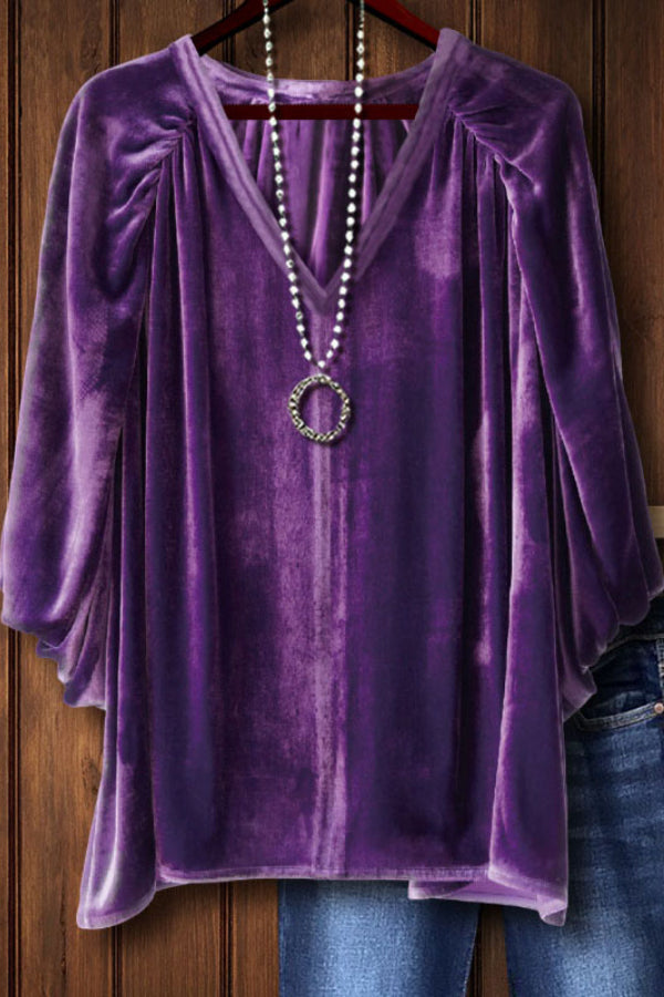 VINTAGE-SAMT-TOP MIT V-AUSSCHNITT IN LILA