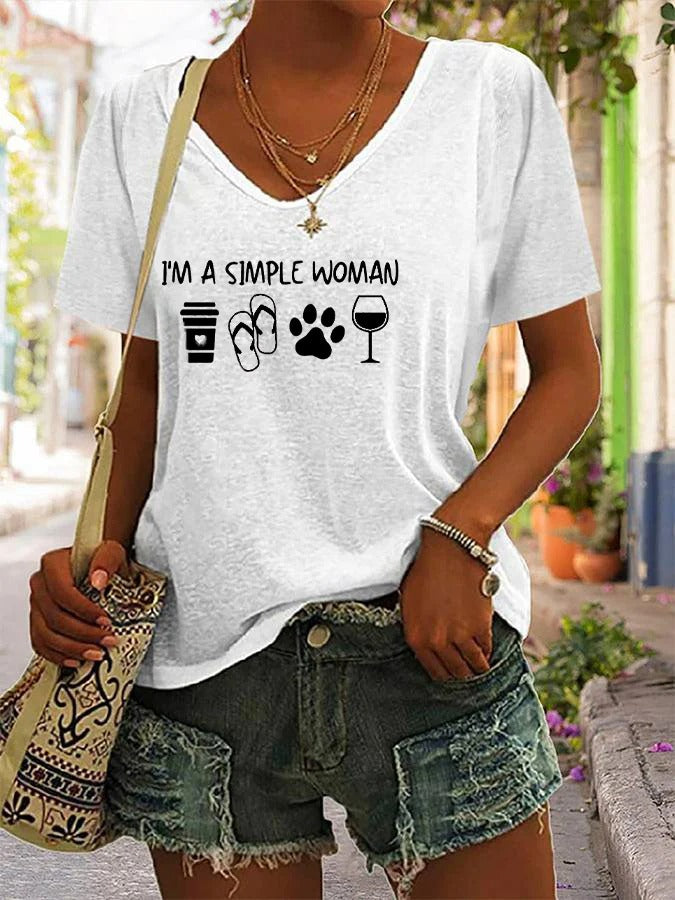 T-shirt décontracté à col en V pour femme avec imprimé pattes de chien « I'm A Simple Woman »