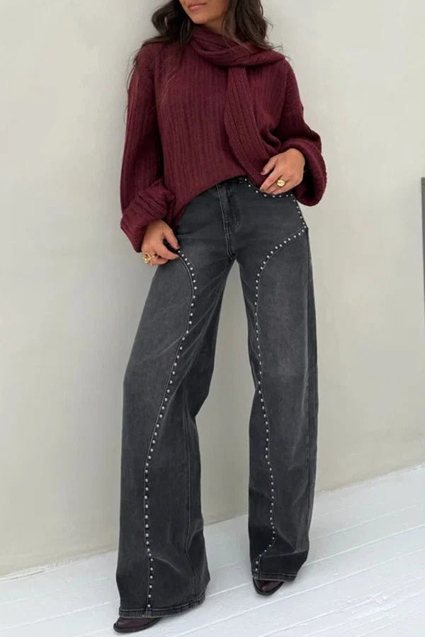 Trendy and Unique Denim Beaded High Rise Pocket Straight Leg Jeans