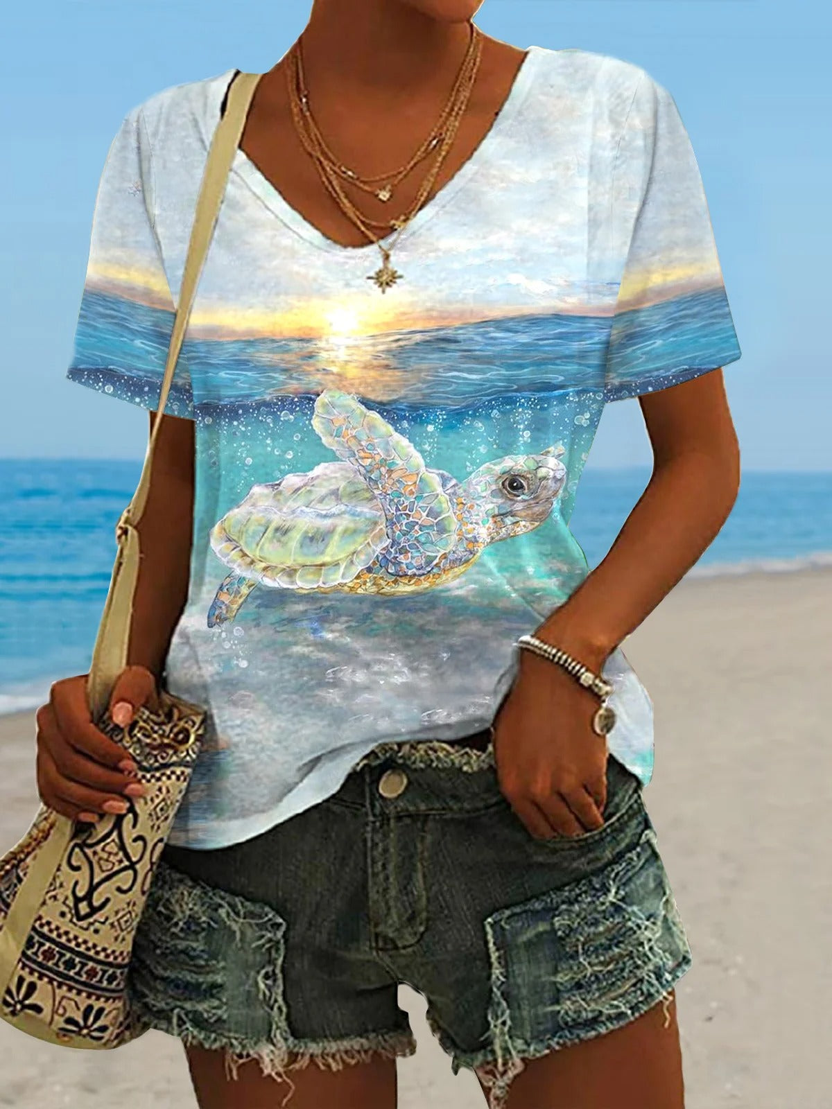T-shirt décontracté à col en V et imprimé tortue hawaïenne pour femme