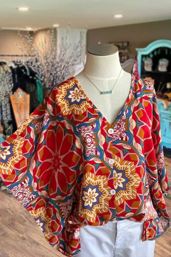 Floral Print Wide Sleeve V-Neck Blouse