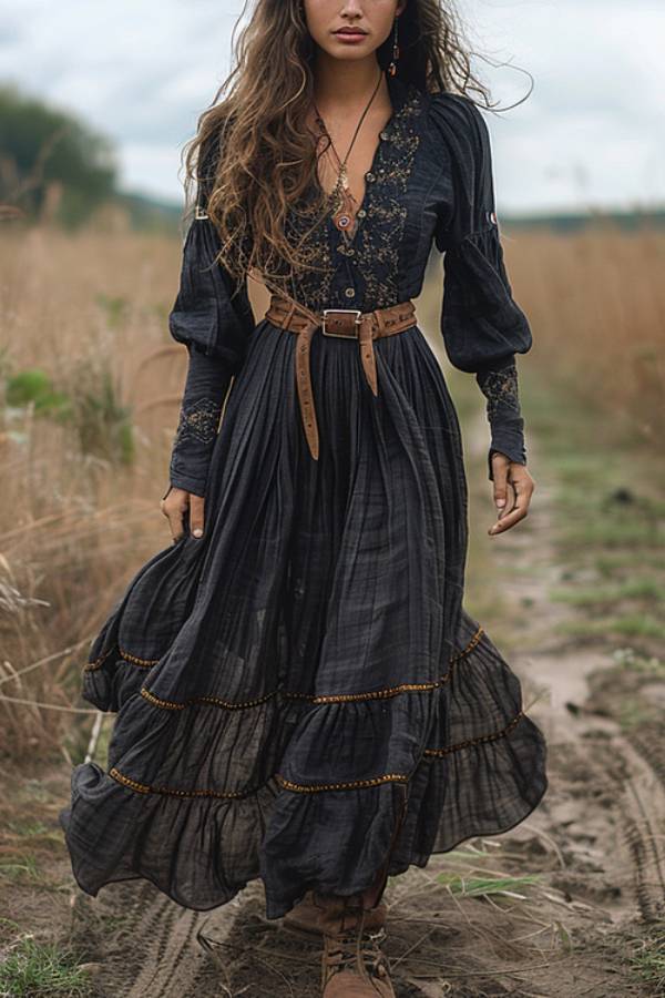 Robe décontractée à manches longues et col en V de style pastoral