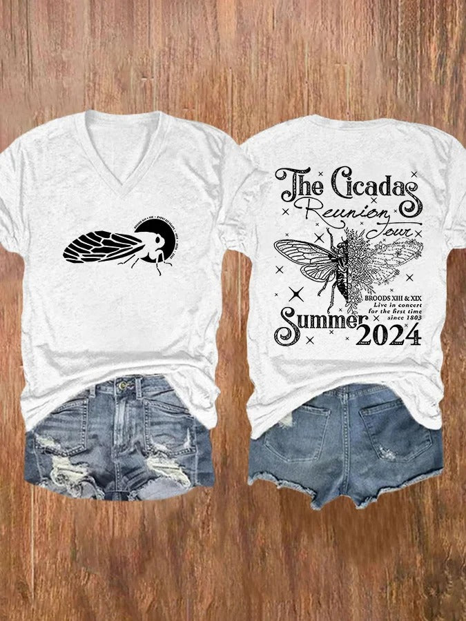 T-shirt col V imprimé The Cicadas Reunion Summer Tour pour femme