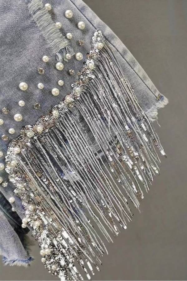 Rhinestone Waistband Pearl Sequin Fringe Distressed Denim Hot Pants High Waist Y2K Shorts