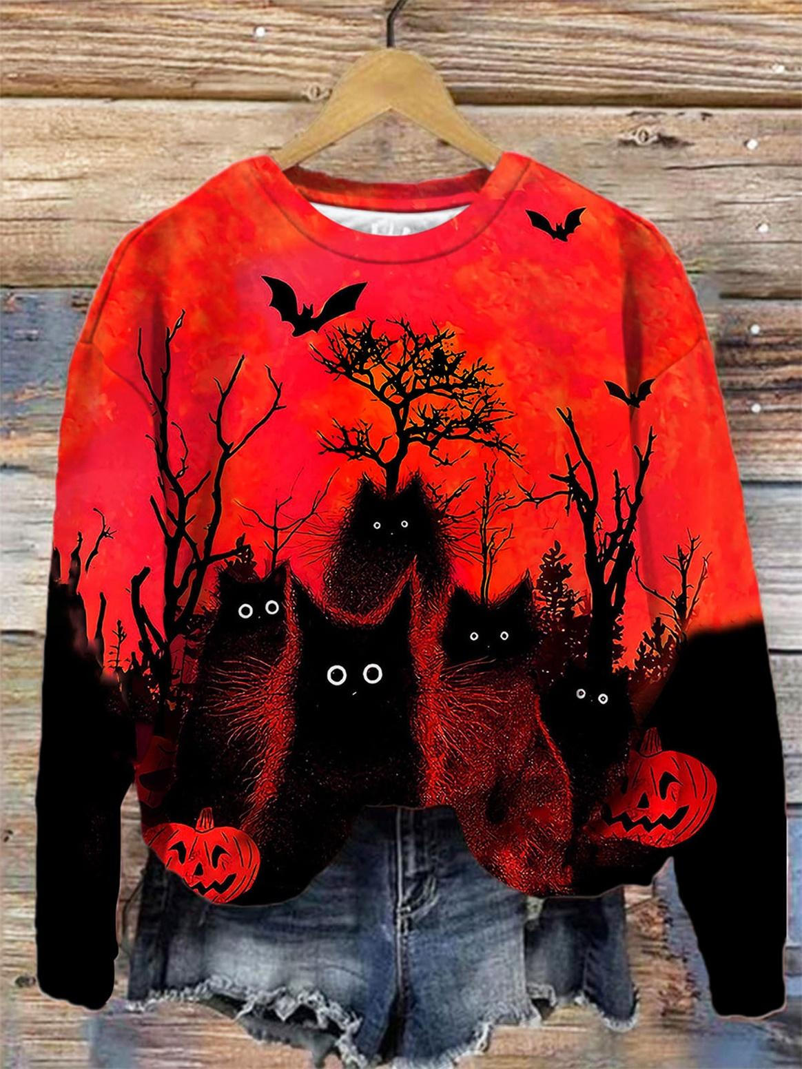 Women's Black Cat Print Crew Neck Long Sleeve Top