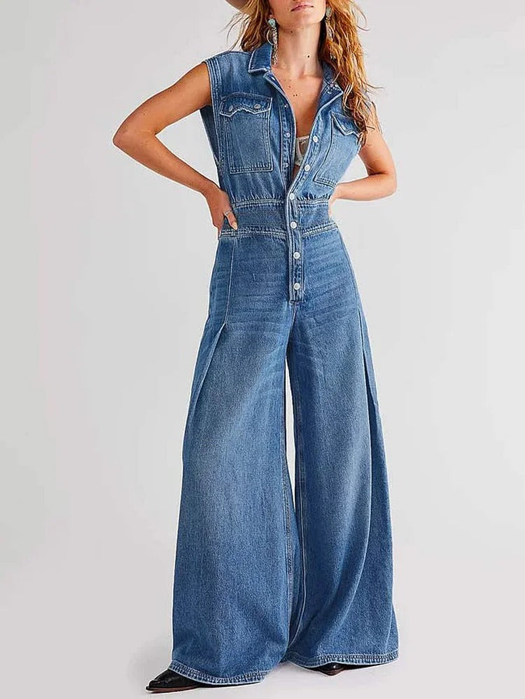 Casual Plain Lapel Collar Cap Sleeve Wide Leg Denim Jumpsuit