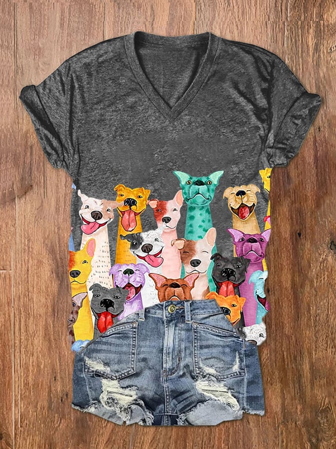 T-shirt col V imprimé chiens colorés et amusants pour femme