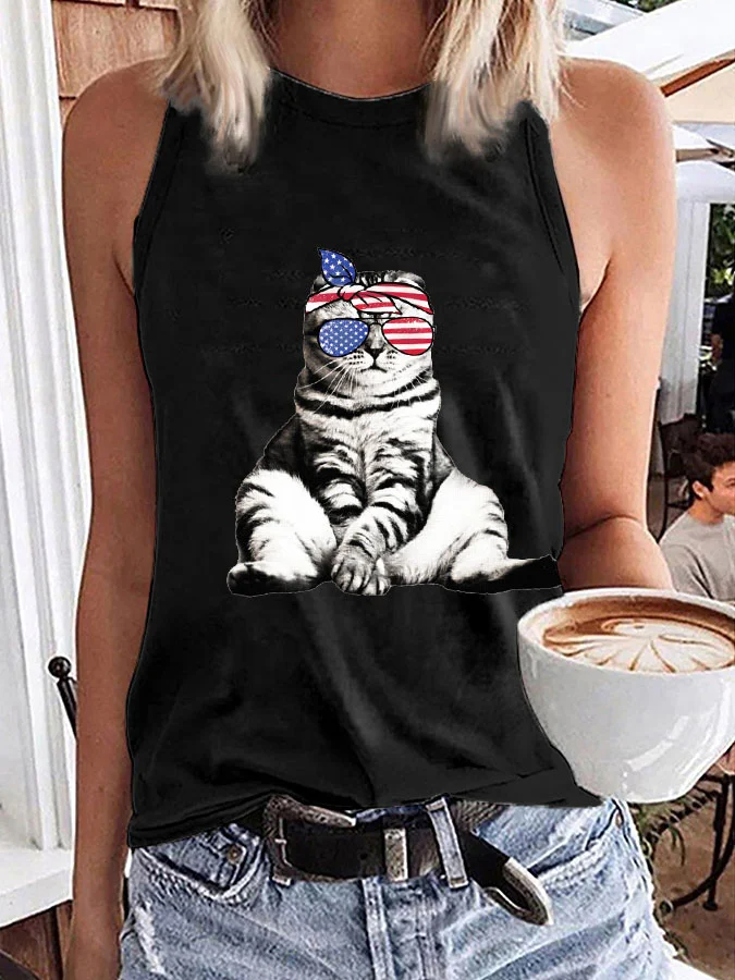 Débardeur imprimé chat pour femme, fête de l'indépendance
