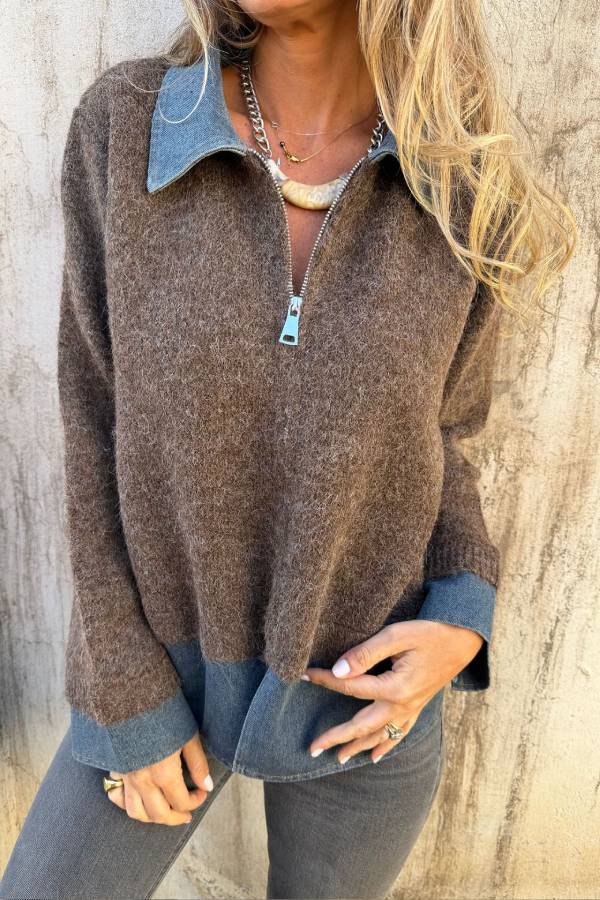 Denim Spliced Half Zip Faux-Not Two Piece Fluffy Sweater
