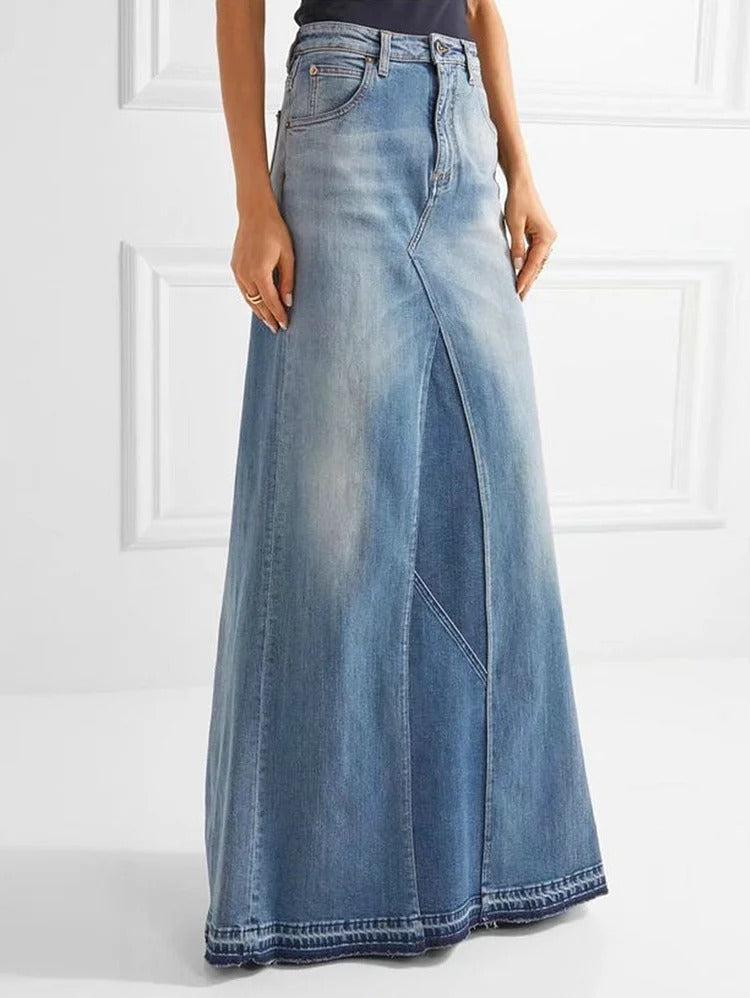 Casual Light Washed High Waist Spliced Denim Maxi Skirt