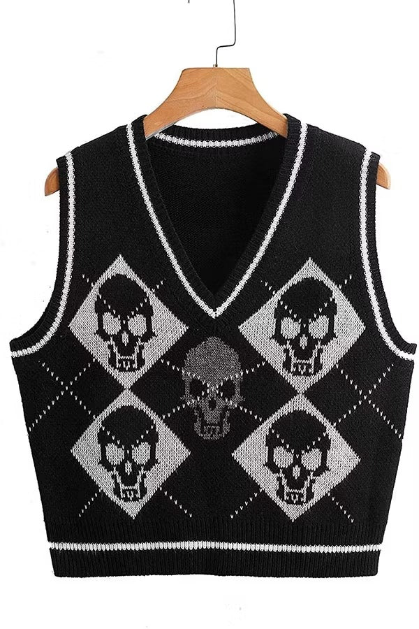 Halloween Skull Argyle Knit Sweater Vest
