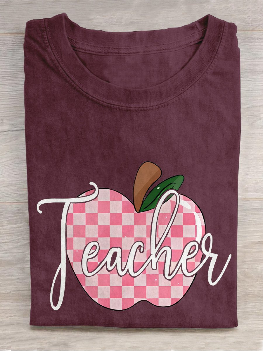 Plaid Teacher Apple Casual Print T-shirt