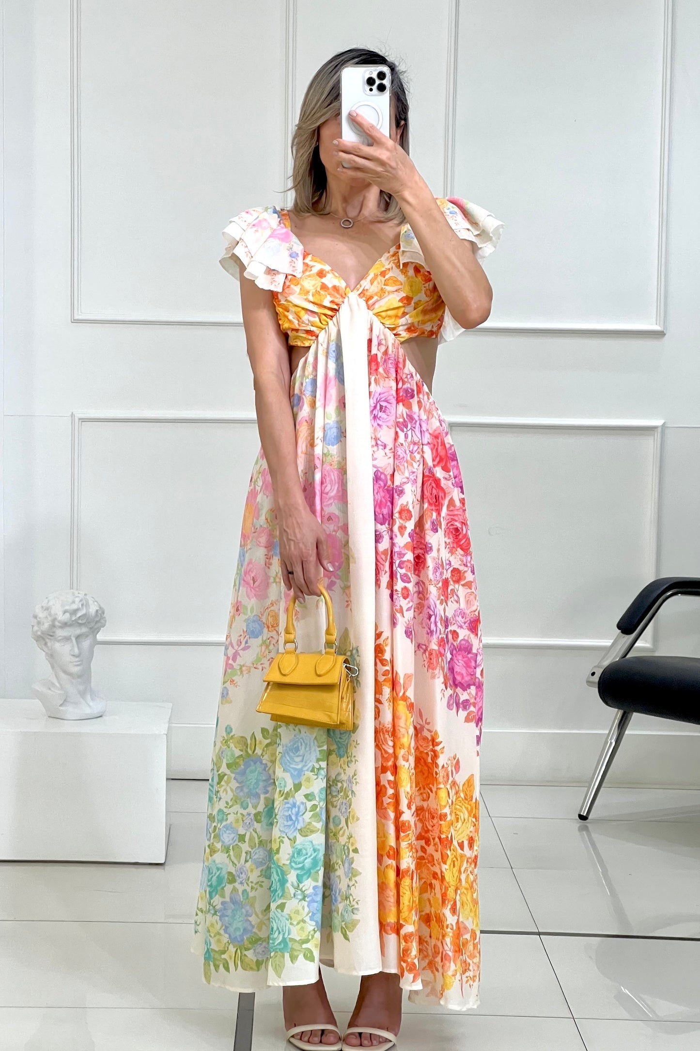Blooming Beauty Multicolor Floral Frill Cutout Back Tie-Up Maxi Dress