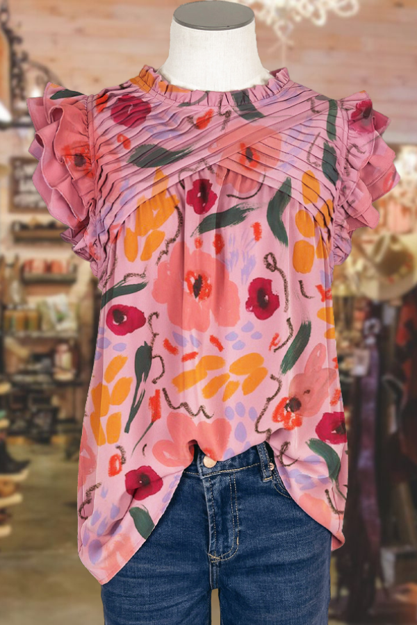 Casual Ruffle Paneled Floral Print Top