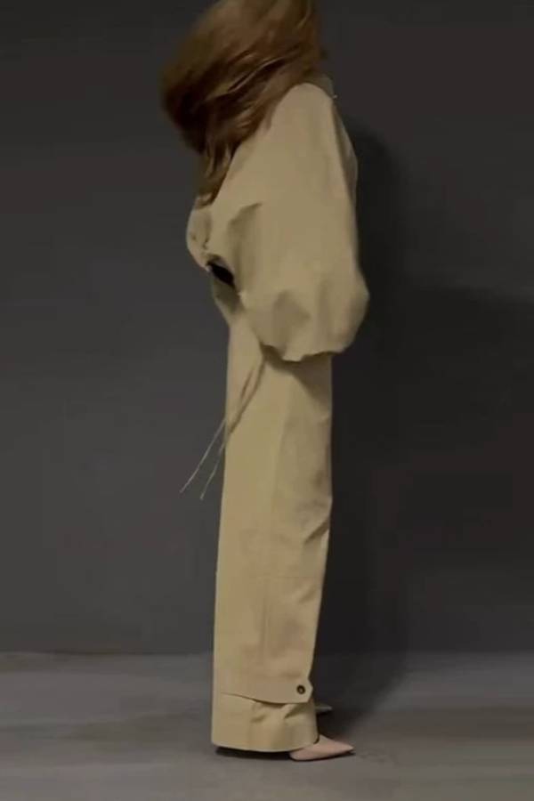 Khaki Stand Collar Drawstring Oversized Jacket & High Waist Wide-Leg Cargo Pants Two-Piece Set