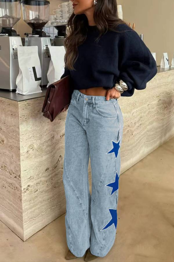 Jessy Denim Mid Rise Side Star Pattern Pocket Wide Leg Jeans