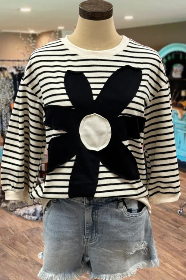 Stripe Flower Applique Elbow Length Sleeve Top