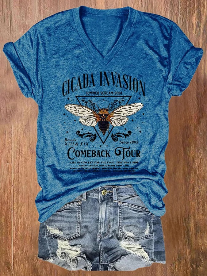 Women's Cicadas Invasion Comeback Tour Print V Neck T-shirt