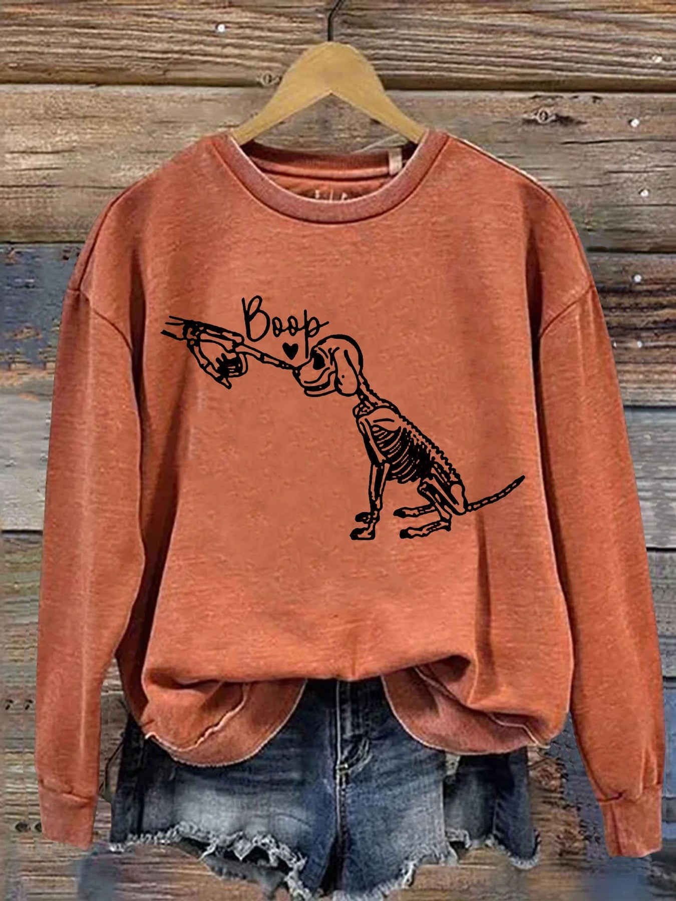 Retro Cute Skeleton Hand Boop Dog Funny Halloween Print Casual Sweatshirt