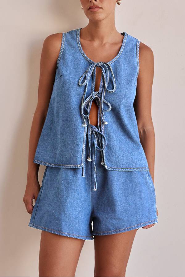 Front Tie Cutout Denim Vest & High Waist Shorts Two Piece Set