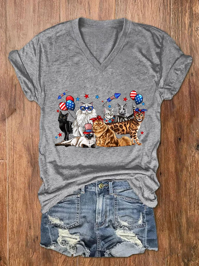 T-shirt col V imprimé chats pour femme, fête de l'indépendance