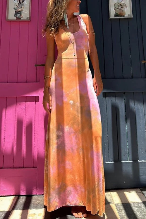Summer Adventures Tie-dye Print Back Lace-up Stretch Maxi Dress