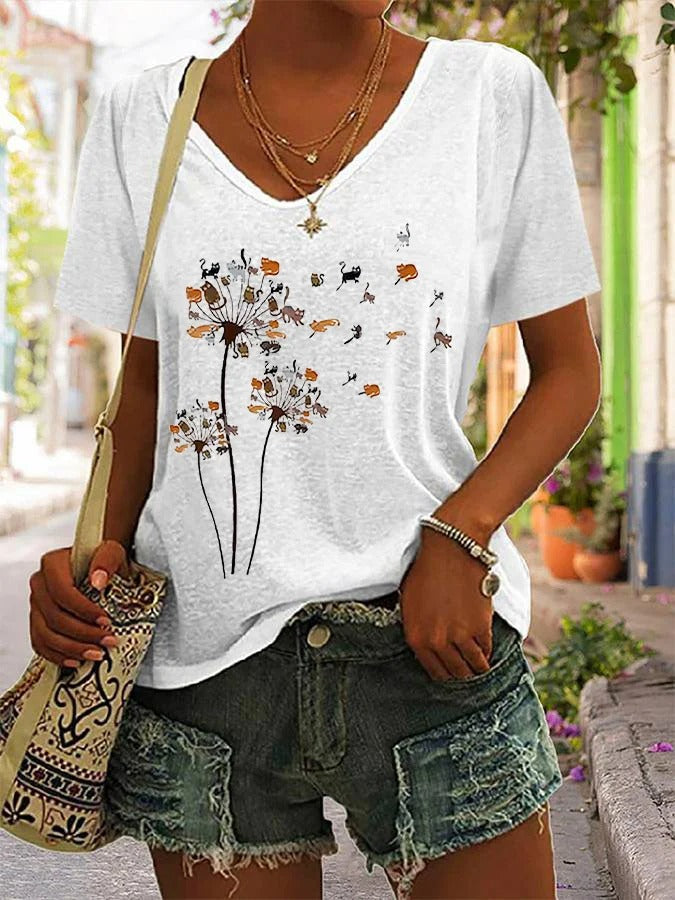 T-shirt col V imprimé chat fleur mouche pissenlit pour femme