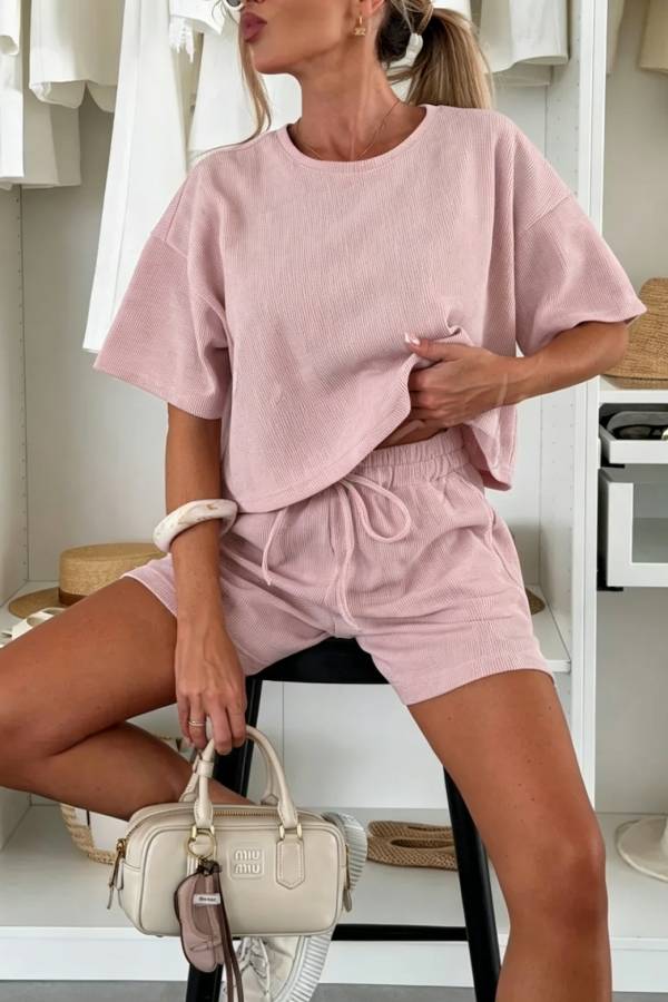Vertical Rib Crew Neck Cropped Tee Drawstring Shorts Loungewear Two Piece Set