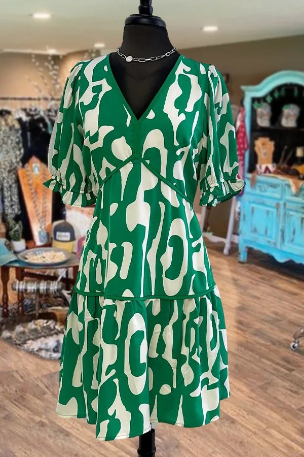 Mini-robe à imprimé abstrait, col en V, manches à revers