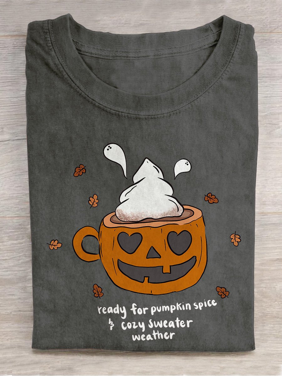 Pumpkin Spice Mug Halloween Casual Print T-shirt