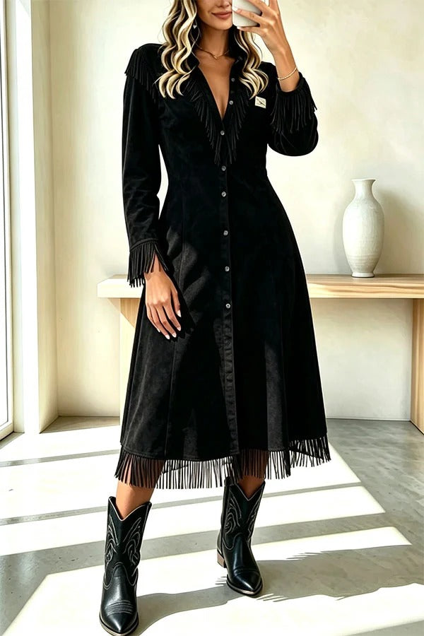 Western Cowboy Style Suede Tassel V-neck Button Long Sleeve Shirt Midi Dress
