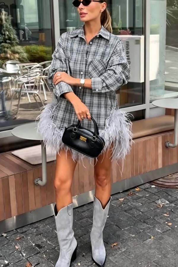 Dylan Plaid Print Long Sleeve Feather Trim Hem Pocket H-line Loose Blouse