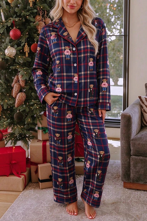 Teddy Bear Plaid Unique Print Long Sleeve Loose Shirt and Elastic Waist Pocket Pajama Set