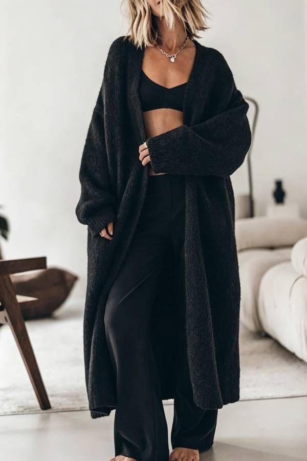 Comfortable Vib Knit Open Front Pocketed Oversized Midi Cardigan