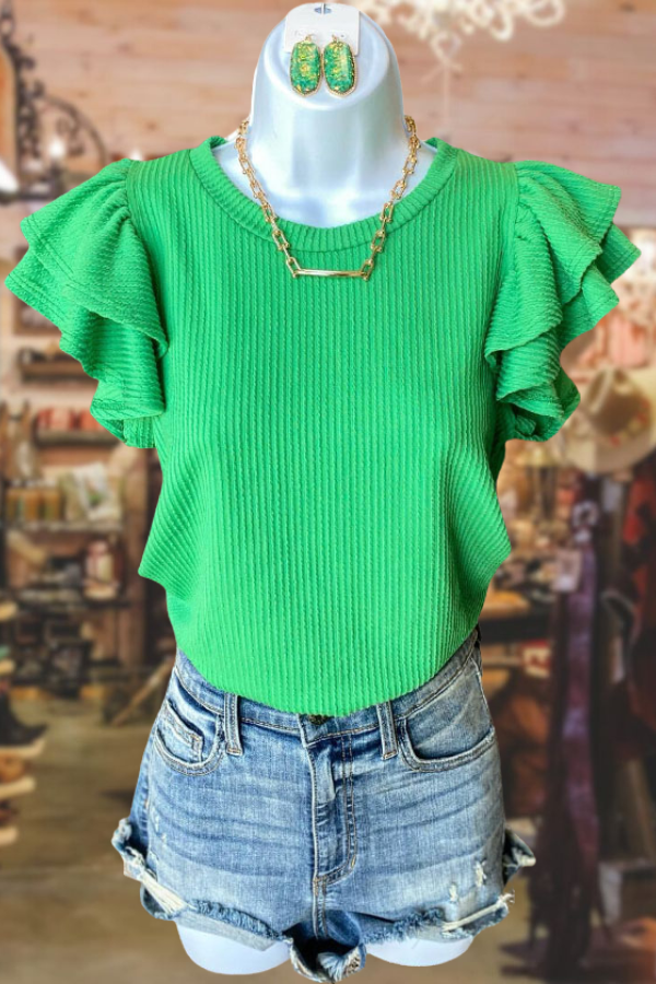 Double Flounce Sleeve Knit Textured Top