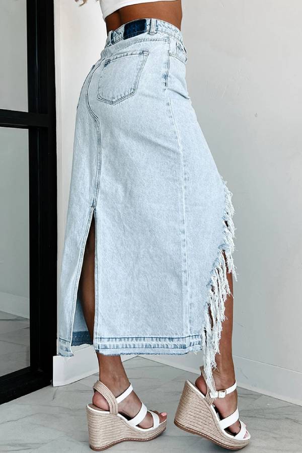 High-Waisted Distressed Frayed Slit Denim Midi Skirt