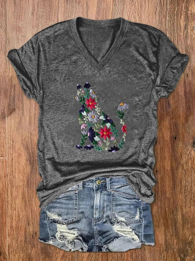 T-shirt col V à imprimé chat brodé pour femme