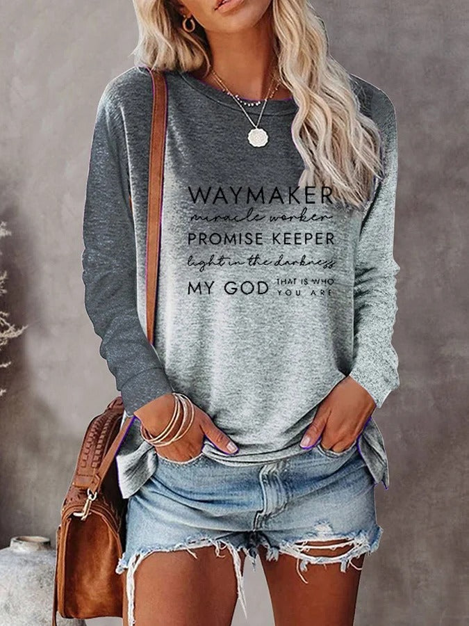 Women's Waymaker Miracle Worker Promise Keeper Light in the Darkness My God Printed Crew Neck Long Sleeve T-shirt