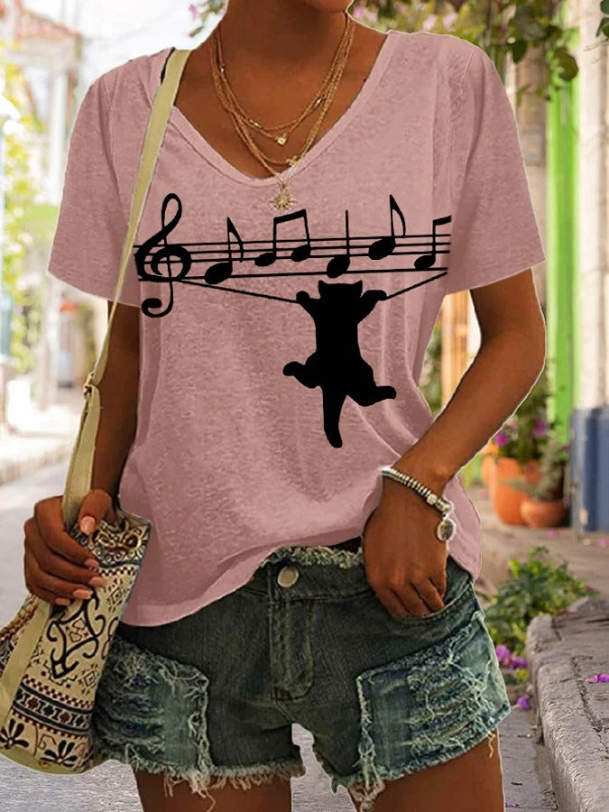 T-shirt col V décontracté à imprimé chat au piano pour femme